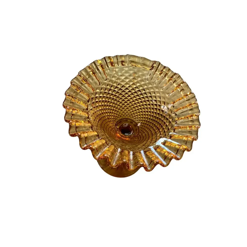 Vintage Amber Glass Ruffle Diamond Pattern Compote Stemmed Candy Dish